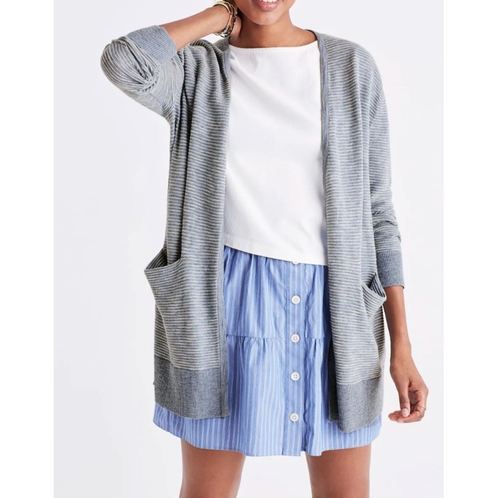 Madewell Womens Ryder Striped Open Front Cardigan Pockets Blue‎ Gray Small